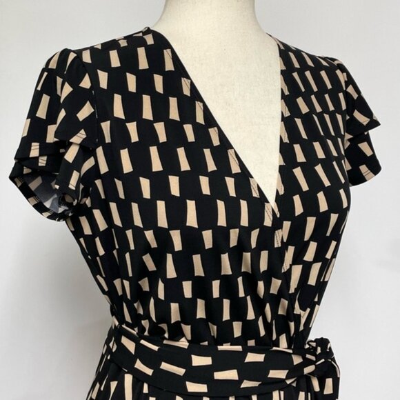 Joseph Ribkoff Wrap Front Jersey Midi Dress Black Beige Size 10 Style 222202 - Picture 6 of 16